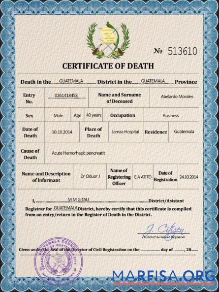 Realistic Guatemala vital record death certificate PSD template